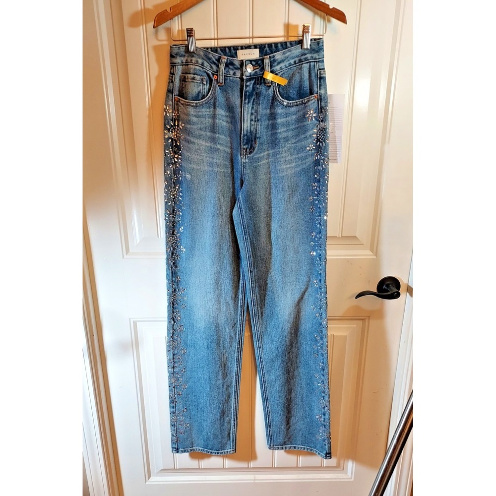 PacSun Rare Sample '90s Boyfriend‎ Jeans Size 26 Rhinestone Embellished Jade